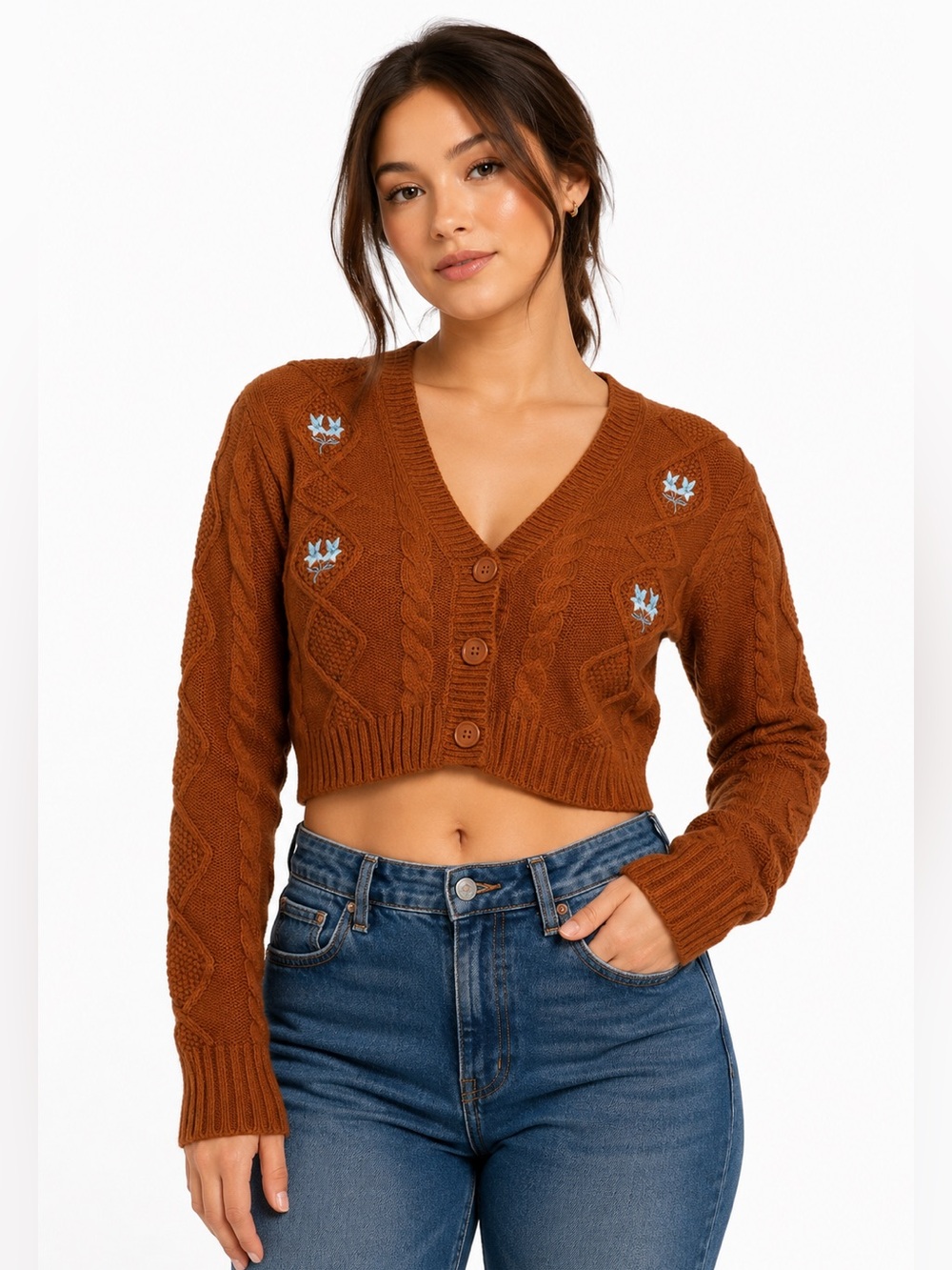 Almost Famous Cropped Cable Knit Cardigan Sweater w Embroidery (Burnt Orange) S